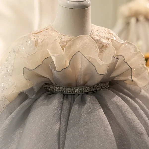 Chic / Beautiful Grey Pearl Sequins Short Birthday Flower Girl Dresses 2024 Ball Gown Scoop Neck Long Sleeve Bow Flower Girl Dresses