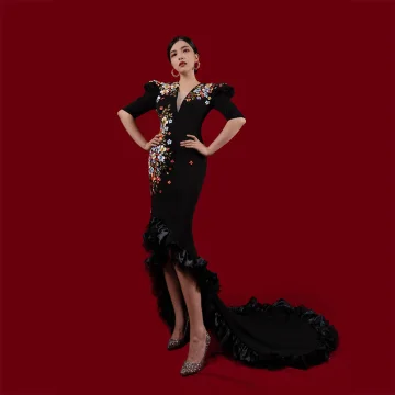 High End Black Handmade Pearl Embroidered Evening Dresses 2023 Trumpet Mermaid V Neck Short Sleeve Evening Party Asymmetrical Formal Dresses