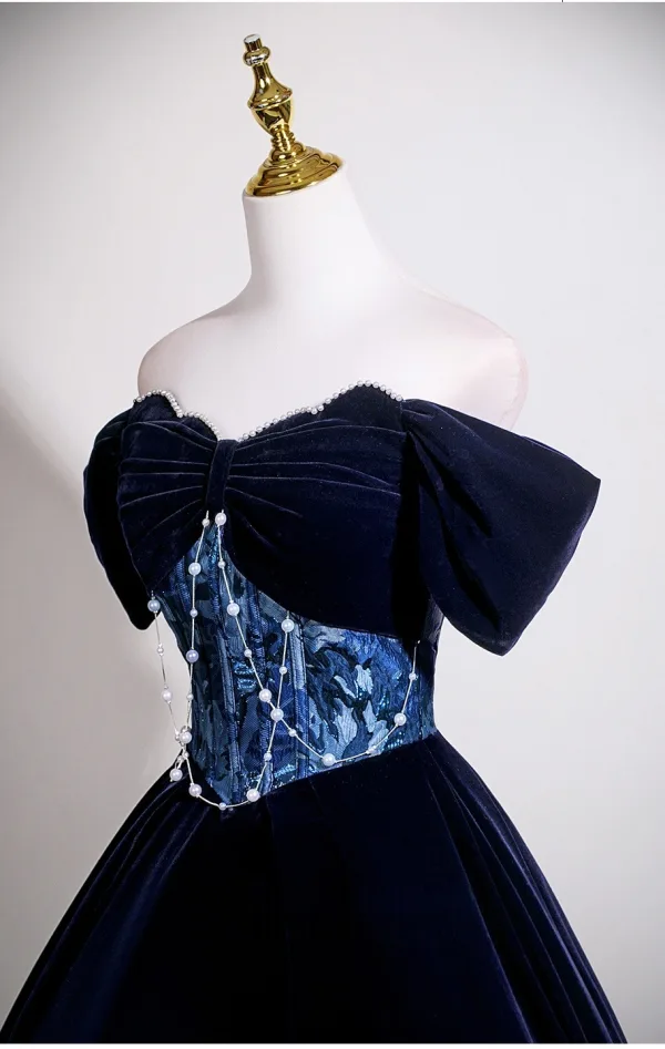 Vintage / Retro Navy Blue Pearl Prom Dresses 2025 Ball Gown Off-The-Shoulder Short Sleeve Backless Floor-Length / Long Prom Formal Dresses