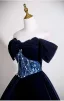Vintage / Retro Navy Blue Pearl Prom Dresses 2025 Ball Gown Off-The-Shoulder Short Sleeve Backless Floor-Length / Long Prom Formal Dresses