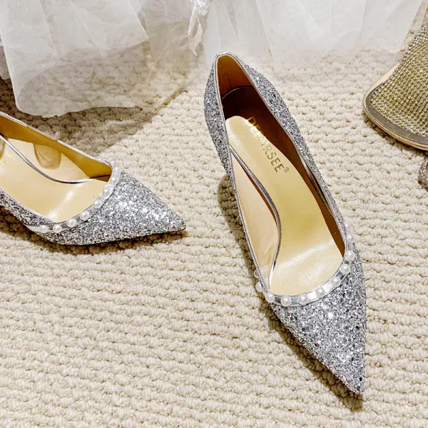 Sparkly Champagne Pearl Sequins Wedding Shoes 2022 Leather 8 cm Stiletto Heels Pointed Toe Wedding Pumps High Heels
