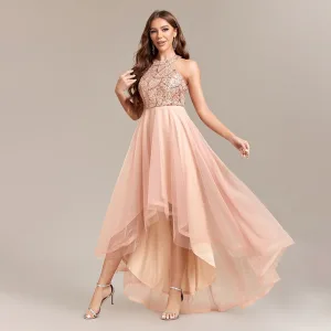 Chic Belle Doré Paillettes Asymétrique Robe De Bal 2024 Princesse Col Haut Sans Manches Tulle Promo Robe De Ceremonie
