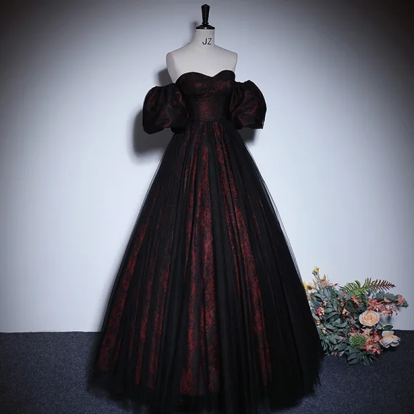Vintage / Retro Burgundy Prom Dresses 2023 A-Line / Princess Off-The-Shoulder Short Sleeve Backless Floor-Length / Long Prom Formal Dresses