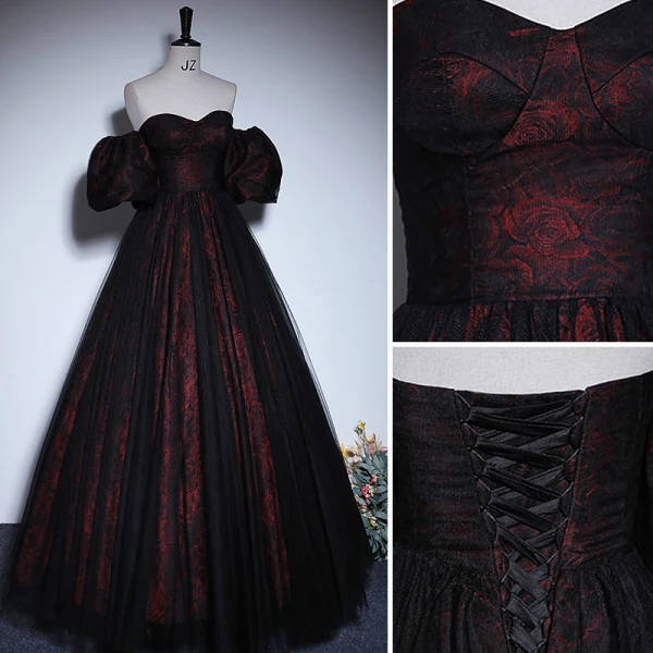 Vintage / Retro Burgundy Prom Dresses 2023 A-Line / Princess Off-The-Shoulder Short Sleeve Backless Floor-Length / Long Prom Formal Dresses