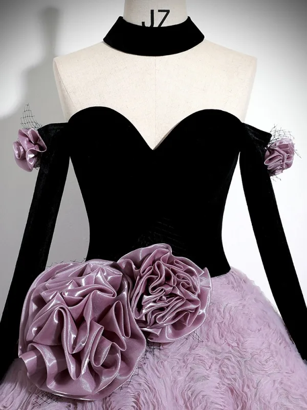 Audrey Hepburn Style Lavender Appliques Prom Dresses 2024 Ball Gown Off-The-Shoulder Long Sleeve Backless Sweep Train Prom Formal Dresses