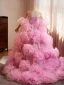 Charming Candy Pink Pleated Prom Dresses 2024 Ball Gown Off-The-Shoulder Puffy Short Sleeve Sweep Train Prom Formal Dresses
