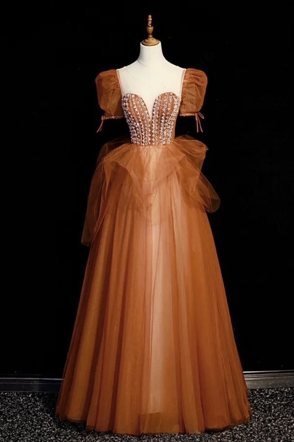 Elegant Tan Beading Pearl Prom Dresses 2022 A-Line Princess Scoop Neck Puffy Short Long