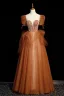 Élégant Tan Perlage Perle Robe De Bal 2022 Princesse Encolure Dégagée Gonflée Manches Courtes Dos Nu Longue Robe De Ceremonie