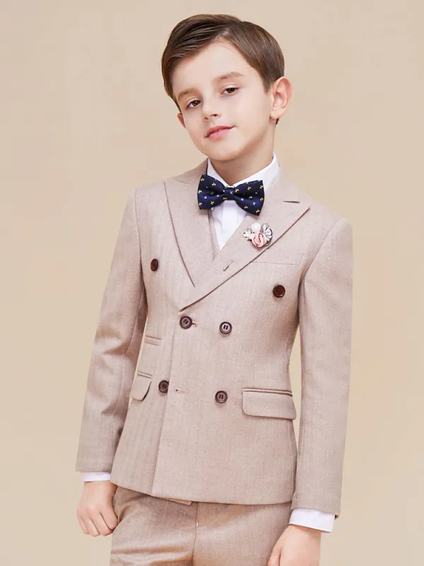 Fashion Beige Long Sleeve Boys Wedding Suits 2022 Coat Pants Shirt Tie Wedding