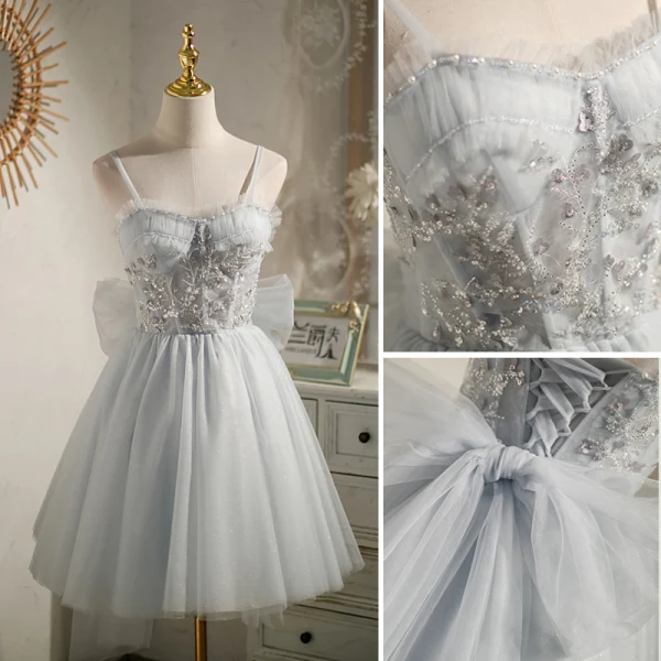 Fashion Grey Birthday Party Dresses 2022 A-Line / Princess Spaghetti Straps Beading Pearl Sequins Sleeveless Backless Bow Floor-Length / Long Cocktail Party Formal Dresses