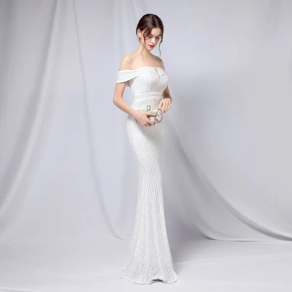 Charming Black Gold Sequins Evening Dresses 2022 Trumpet / Mermaid Off-The-Shoulder Short Sleeve Backless Floor-Length / Long Evening Party Formal Dresses