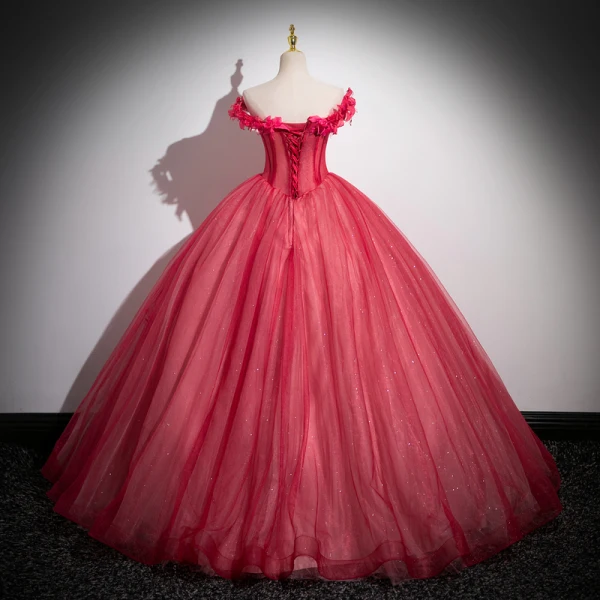Chic / Beautiful Red Flower Prom Dresses 2023 Off-The-Shoulder Sleeveless Floor-Length / Long Ball Gown Formal Dresses