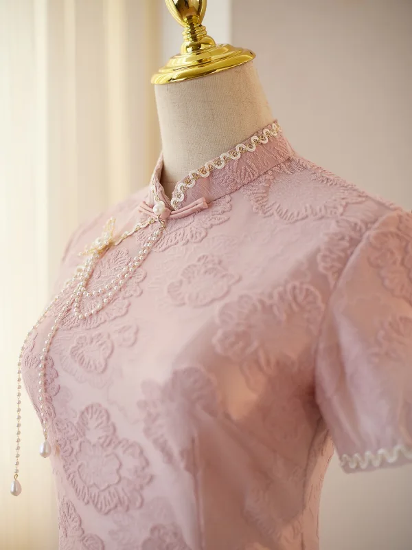 Chinese style Blushing Pink Pearl Printing Split Front Evening Party Cheongsam 2025 Trumpet / Mermaid High Neck Short Sleeve Floor-Length / Long