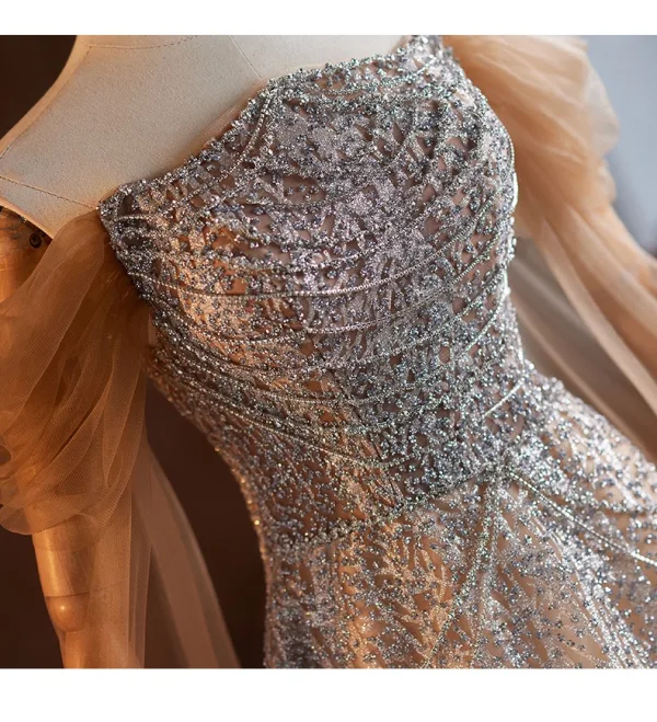 Sparkly Champagne Beading Sequins Prom Dresses 2025 A-Line / Princess Off-The-Shoulder Short Sleeve Backless Floor-Length / Long Prom Formal Dresses
