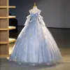 Romantyczny Błękitne Kwiatowy Sukienki Na Bal 2023 Princessa Spaghetti Pasy Bez Rękawów Długie Bez Pleców Gorset Z Koronki Kwiat Sukienki Wizytowe