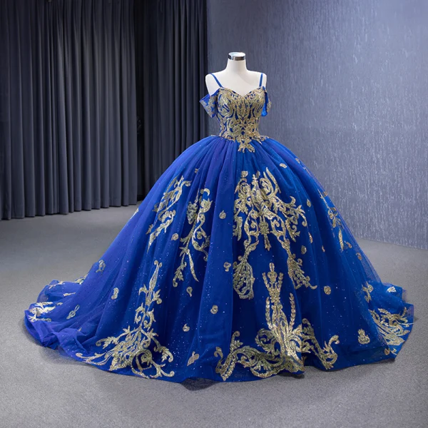 High-end Vintage / Retro Royal Blue Handmade  Beading Sequins Prom Dresses 2023 Ball Gown Spaghetti Straps Short Sleeve Backless Chapel Train Prom Formal Dresses