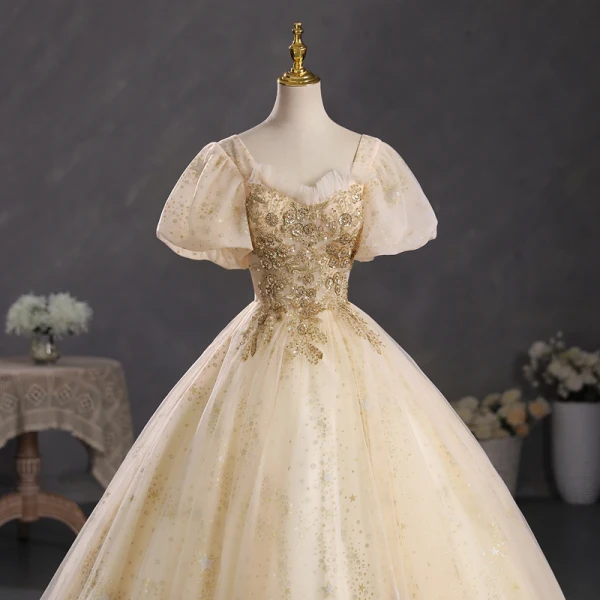 Elegant Champagne Beading Sequins Prom Dresses 2023 Ball Gown Square Neckline Puffy Short Sleeve Backless Floor-Length / Long Prom Formal Dresses
