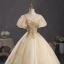 Elegant Champagne Beading Sequins Prom Dresses 2023 Ball Gown Square Neckline Puffy Short Sleeve Backless Floor-Length / Long Prom Formal Dresses