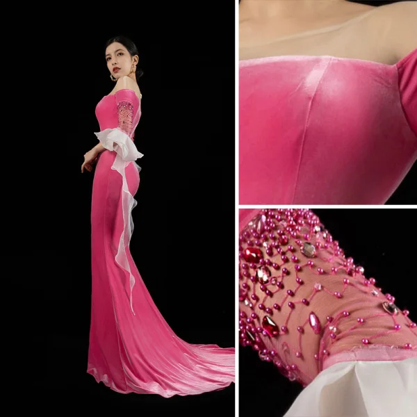 High-end Fuchsia Suede Beading Rhinestone Evening Dresses 2023 Trumpet / Mermaid Scoop Neck Bell sleeves Sweep Train Evening Party Formal Dresses