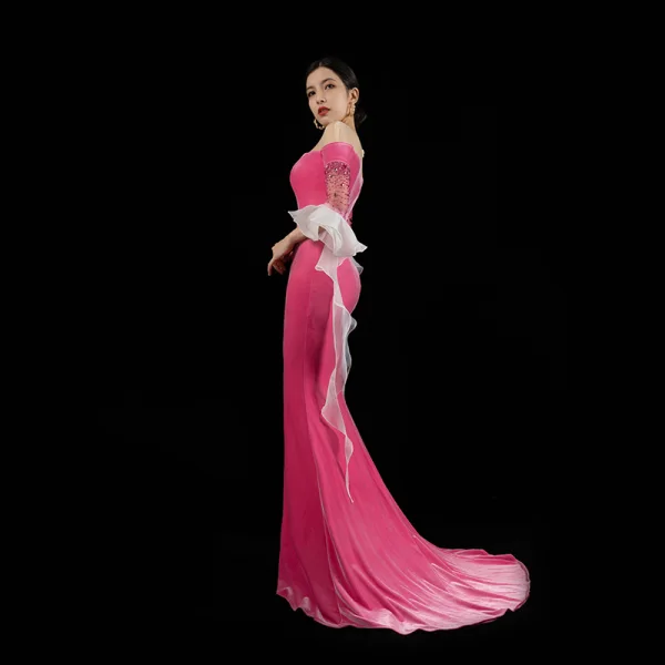 High-end Fuchsia Suede Beading Rhinestone Evening Dresses 2023 Trumpet / Mermaid Scoop Neck Bell sleeves Sweep Train Evening Party Formal Dresses