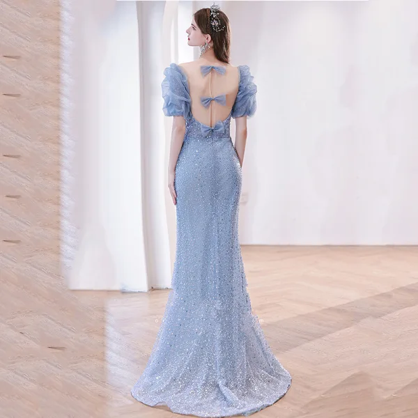 Charmant Bleu Ciel Perlage Robe De Bal 2022 Trompette / Sirène Encolure Carrée Volants Manches Courtes Noeud Longue Robe De Ceremonie