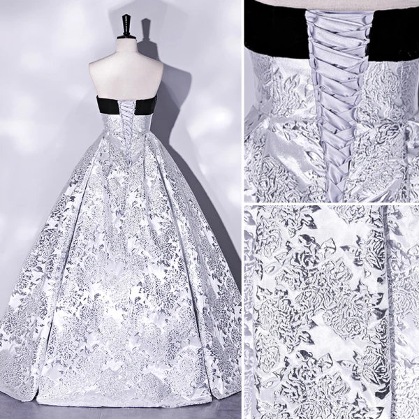 Elegant Silver Grey Printing Prom Dresses 2022 Ball Gown Strapless Sleeveless Backless Floor-Length / Long Prom Formal Dresses