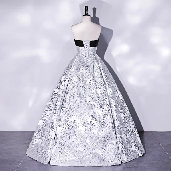 Elegant Silver Grey Printing Prom Dresses 2022 Ball Gown Strapless Sleeveless Backless Floor-Length / Long Prom Formal Dresses