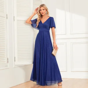 Modest Simple Royal Blue Prom Dresses 2024 A Line Princess V Neck Short Sleeve Backless Floor Length Long Prom Formal Dresses
