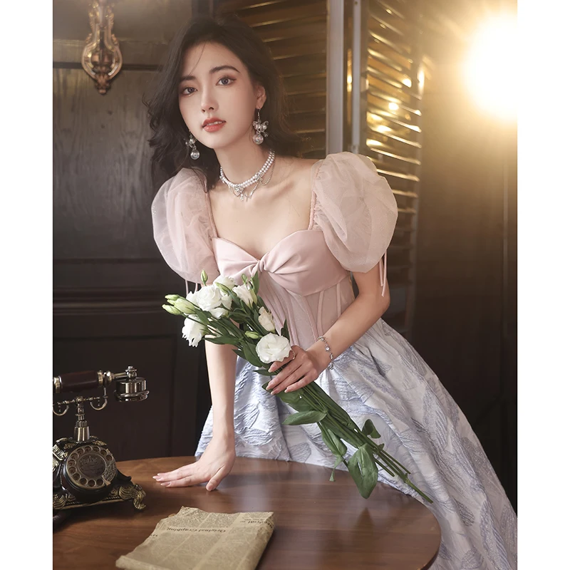 Fashion Blushing Pink Glitter Prom Dresses 2023 A-Line Princess Square Neckline Bow Long