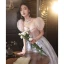 Fashion Blushing Pink Glitter Prom Dresses 2023 A-Line / Princess Square Neckline Bow Short Sleeve Backless Floor-Length / Long Prom Formal Dresses