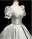 Demure Grey Satin Prom Dresses 2025 Ball Gown Square Neckline Short Sleeve Backless Bow Floor-Length / Long Prom Formal Dresses