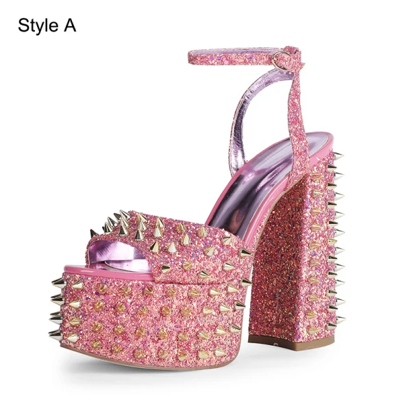 Inhabituel Sexy Fushia Cocktail Rivet Sandales Femme 2023 Bride Cheville 15 cm Talons Épais Peep Toes / Bout Ouvert Sandales Talons Hauts