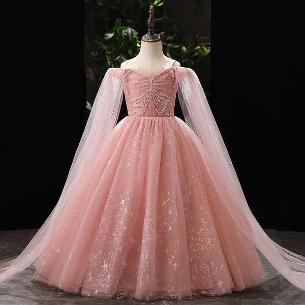 Elegant Sky Blue Beading Pearl Sequins Birthday Flower Girl Dresses 2022 Ball Gown Spaghetti Straps Long Sleeve Floor-Length / Long Flower Girl Dresses