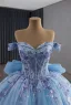 Luxury / Gorgeous Sky Blue Handmade  Beading Lace Flower Sequins Prom Dresses 2025 Ball Gown Off-The-Shoulder Short Sleeve Backless Bow Court Train