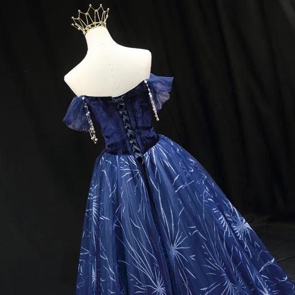 Mode Marineblau Glanz Wildleder Ballkleider 2022 A Linie Off Shoulder Perle Kurze Ärmel Rückenfreies Lange Festliche Kleider