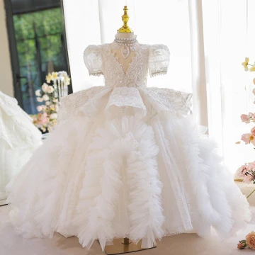 Luxury Gorgeous White Beading Pearl Rhinestone Sequins Birthday Flower Girl Dresses 2023 Cascading Ruffles Ball Gown High Neck Puffy Short Sleeve Backless Floor Length Long