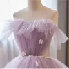 Elegant Lavender Cascading Ruffles Appliques Prom Dresses 2023 Ball Gown Off-The-Shoulder Sleeveless Pearl Backless Sash Sweep Train Prom Formal Dresses