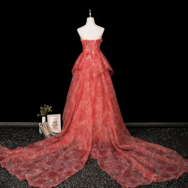 Elegant Watermelon Appliques Printing Prom Dresses 2025 Ball Gown Strapless Sleeveless Backless Sweep Train Prom Formal Dresses