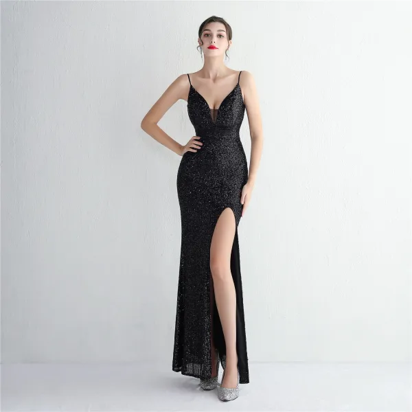 Sexy Blanche Perlage Paillettes Fendue devant Robe De Soirée 2024 Trompette / Sirène Bretelles Spaghetti Sans Manches Dos Nu Longue Soirée Robe De Ceremonie