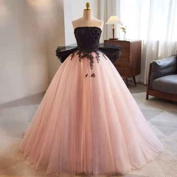 Chic Belle Rougissant Rose Perlage Appliques Robe De Bal 2023 Robe Boule Bustier Sans Manches Dos Nu Noeud Longue Robe De Ceremonie