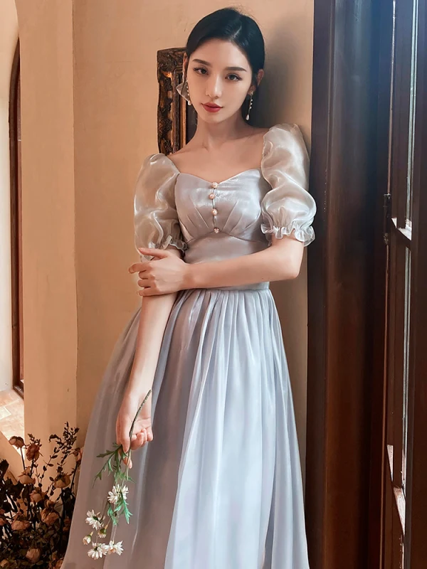 grey modest bridesmaid dresses Elegant Modest Unique Design Round Neck Long Grey Tulle and Lace Bride –  SposaBridal main image 1