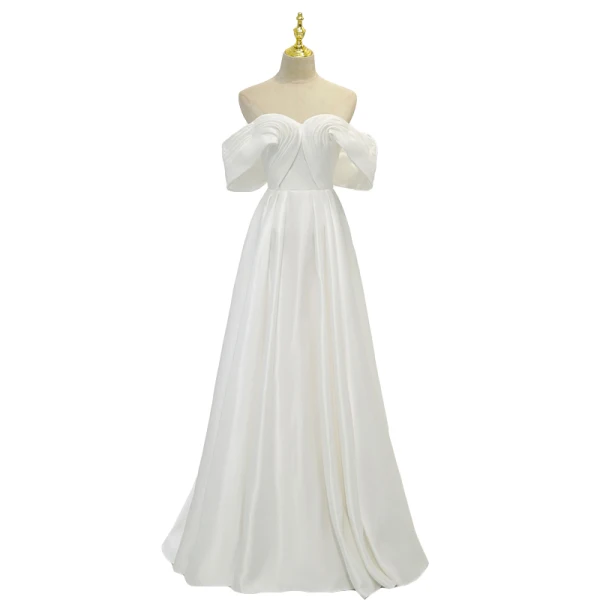 Elegant White Satin Prom Dresses 2022 A-Line / Princess Off-The-Shoulder Short Sleeve Backless Floor-Length / Long Prom Formal Dresses