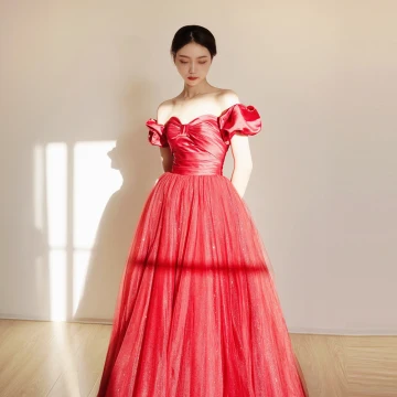 Chic Belle Rouge Robe De Bal 2024 Princesse De L Épaule Noeud Manches Courtes Dos Nu Longue Promo Robe De Ceremonie