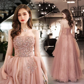 Chic Belle Rougissant Rose Perlage Perle Paillettes Robe De Bal 2022 Princesse Bustier Sans Manches Dos Nu Longue Robe De Ceremonie
