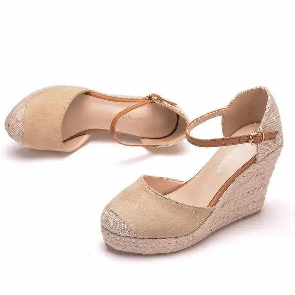 Chic / Beautiful Beige Street Wear Braid Womens Sandals 2022 9 cm Wedges Round Toe Womens Sandals