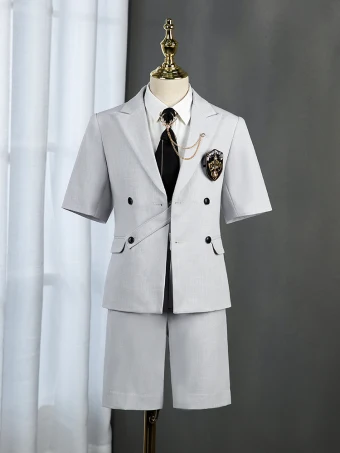 Été 5 Pièces Gris Manches Courtes Costume Garçon Mariage 2022 Manteau Pantalon Chemise Cravate Gilet