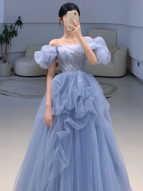 Chic / Beautiful Sky Blue Cascading Ruffles Sequins Prom Dresses 2023 A-Line / Princess Off-The-Shoulder Puffy Short Sleeve Backless Floor-Length / Long Prom Formal Dresses