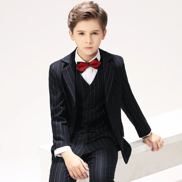 Classic 5-piece Stripe Black Long Sleeve Boys Wedding Suits 2022 Coat Pants Shirt Tie Vest Wedding