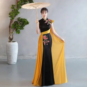Style Chinois Noire Doré En Dentelle Fleur Soirée Cheongsam 2025 Trompette Sirène Col Haut Mancherons Longue Cheongsam