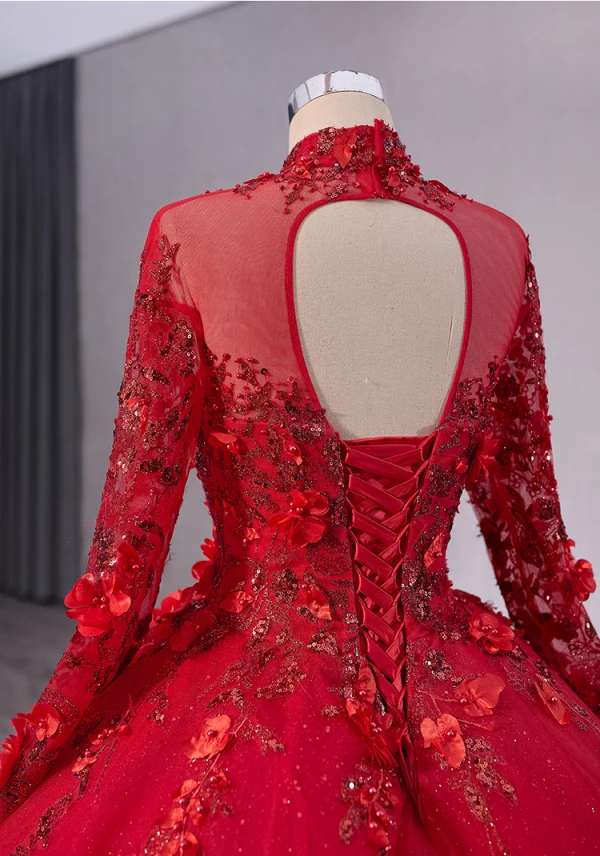 High-end Red Handmade  Beading Pearl Sequins Appliques Prom Dresses 2024 Ball Gown High Neck Long Sleeve Backless Chapel Train Prom Formal Dresses